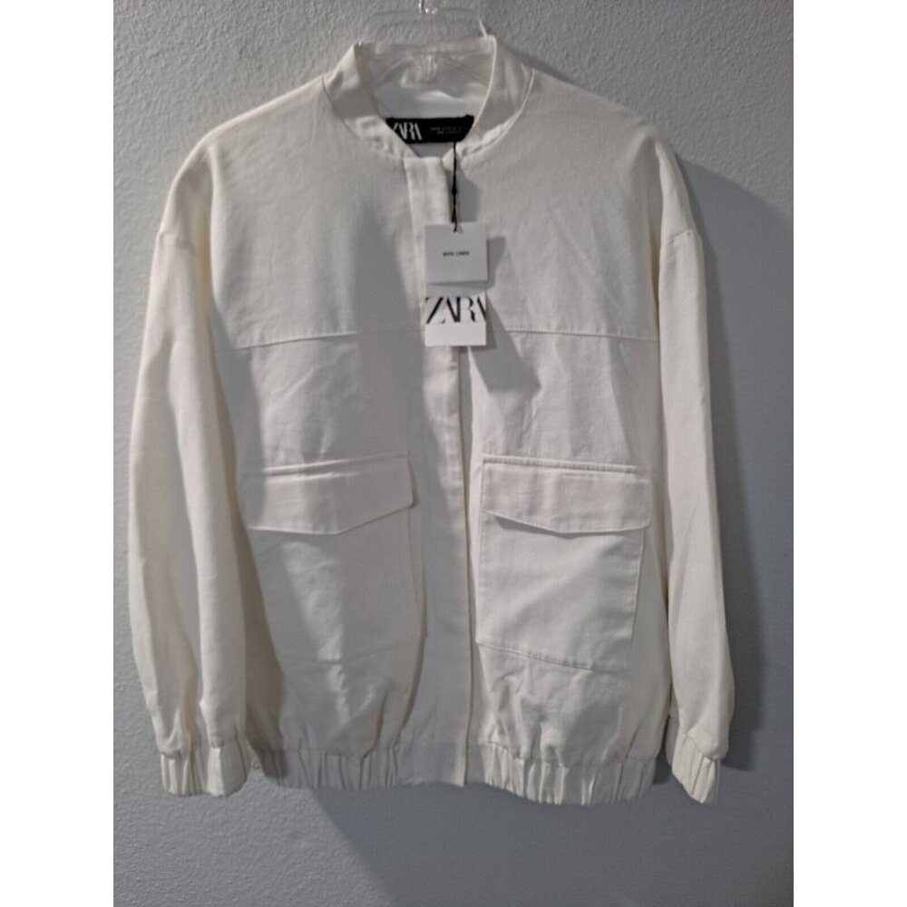 NWT Zara Women's White Linen Snapped Button Jacket Pockets, Casual Stylish, XL*
